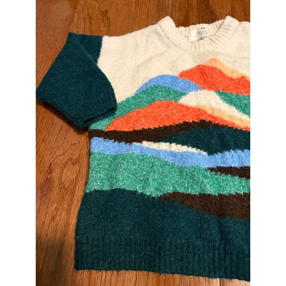 H&M Sweater Intarsia Mountain Landscape Multicolor Knit Pullover 2T‎